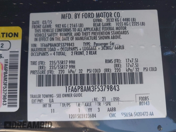2015 Ford Mustang V6 with VIN 1FA6P8AM3F5379843, listed as a IAAI auction lot 41628091 with 88,272 mi miles and . Bid and sale history available at DreamBid. Image 9.