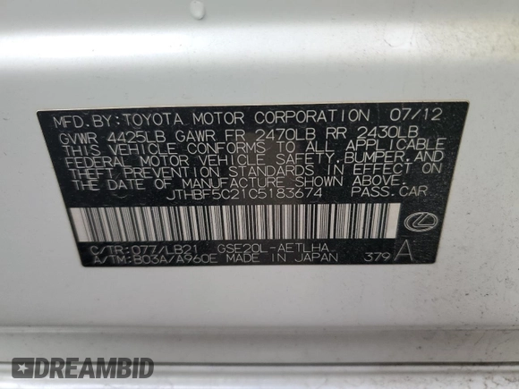 2012 Lexus IS 250 with VIN JTHBF5C21C5183674, listed as a Copart auction lot 50504705 with 80,893 mi miles and Salvage Title. Bid and sale history available at DreamBid. Image 14.