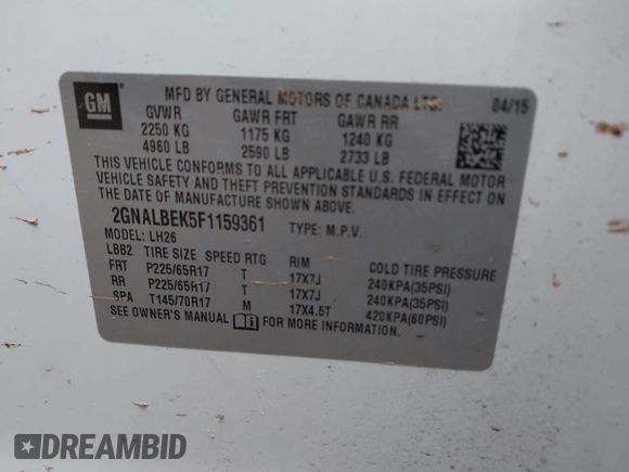 2015 Chevrolet Equinox LT with VIN 2GNALBEK5F1159361, listed as a IAAI auction lot 41944362 with 223,218 mi miles. Bid and sale history available at carsss.com. Image 9.
