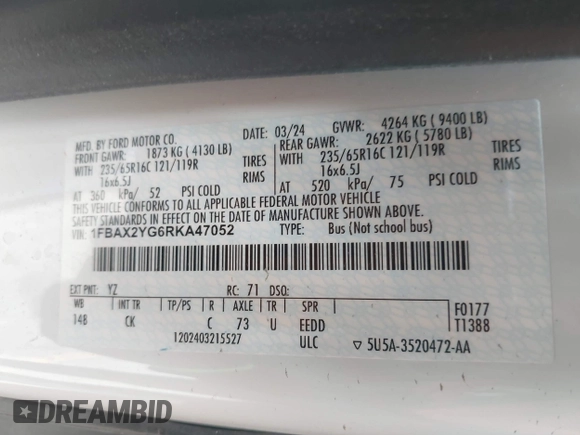 2024 Ford Transit Passenger XL with VIN 1FBAX2YG6RKA47052, listed as a IAAI auction lot 42500436 with 40,965 mi miles and . Bid and sale history available at DreamBid. Image 9.
