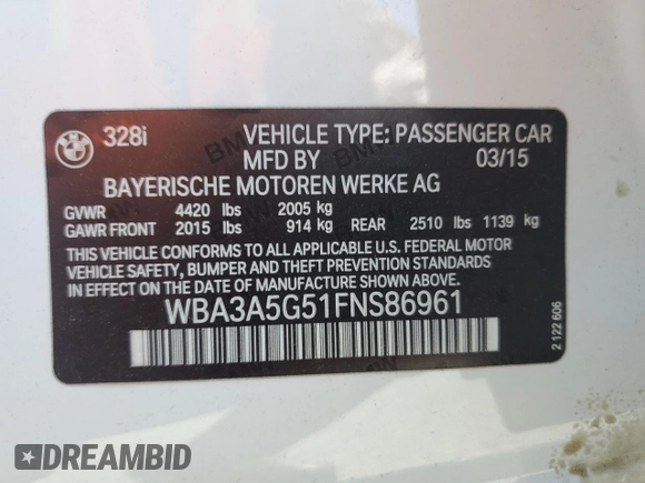 2015 BMW 3 Series 328i с VIN WBA3A5G51FNS86961, выставлен на аукционе Copart как лот 56124965 с пробегом 64 156 миль миль и Списание • Salvage title. История ставок и продаж доступна на DreamBid. Изображение 12.