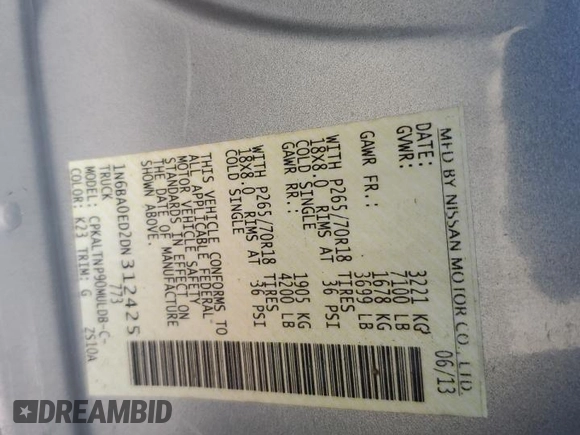 2013 Nissan Titan SL with VIN 1N6BA0ED2DN312425, listed as a Copart auction lot 68616164 with Not Provided miles and Salvage Title. Bid and sale history available at carsss.com. Image 12.