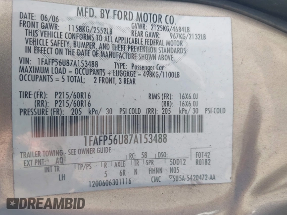 2007 Ford Taurus SEL with VIN 1FAFP56U87A153488, listed as a IAAI auction lot 41874575 with 182,451 mi miles and . Bid and sale history available at DreamBid. Image 9.