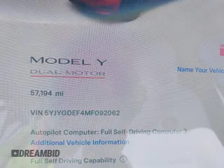 2021 Tesla Model Y Performance with VIN 5YJYGDEF4MF092062, listed as a IAAI auction lot 41583793 with 57,194 mi miles and . Bid and sale history available at DreamBid. Image 7.
