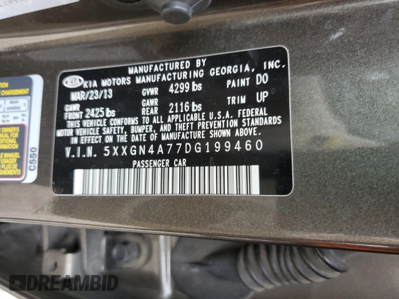 2013 Kia Optima EX with VIN 5XXGN4A77DG199460, listed as a Copart auction lot 53984215 with 78,612 mi miles and Salvage Title. Bid and sale history available at carsss.com. Image 13.