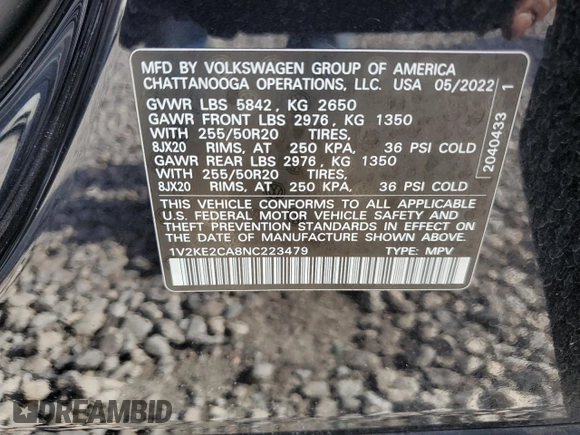 2022 Volkswagen Atlas SE z VIN 1V2KE2CA8NC223479, wystawiony jako Copart lot #55348065 z przebiegiem Nie podano mil oraz Szkoda całkowita • Salvage title. Historia ofert i sprzedaży dostępna na DreamBid. Obrazek 13.
