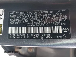 2007 Toyota Prius z VIN JTDKB20U473285795, wystawiony jako IAAI lot #42280703 z przebiegiem Nie podano mil oraz . Historia ofert i sprzedaży dostępna na DreamBid. Obrazek 9.