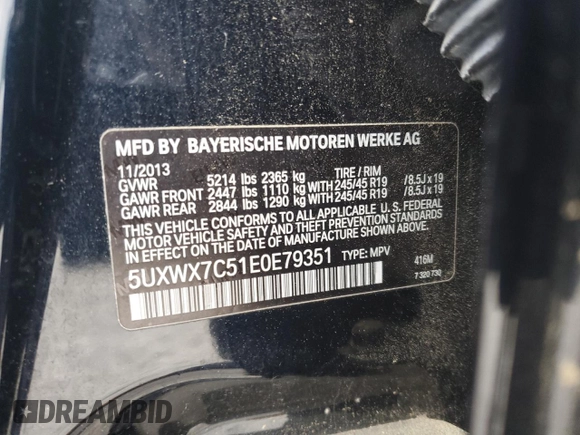 2014 BMW X3 xDrive35i with VIN 5UXWX7C51E0E79351, listed as a Copart auction lot 53645955 with 112,580 mi miles and Salvage Title. Bid and sale history available at DreamBid. Image 14.