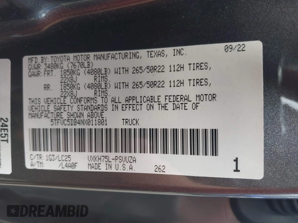 2022 Toyota Tundra Capstone Hybrid with VIN 5TFVC5DB4NX011801, listed as a IAAI auction lot 40218851 with 43,736 mi miles and . Bid and sale history available at DreamBid. Image 9.
