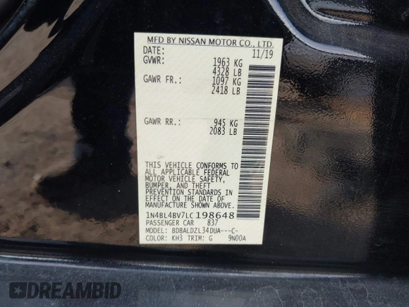 2020 Nissan Altima S with VIN 1N4BL4BV7LC198648, listed as a IAAI auction lot 41581583 with 83,794 mi miles and . Bid and sale history available at DreamBid. Image 9.