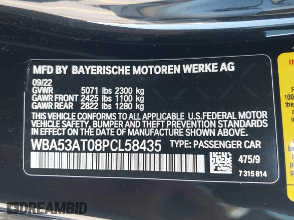 2023 BMW 4 Series M440i with VIN WBA53AT08PCL58435, listed as a IAAI auction lot 41745514 with 23,161 mi miles and . Bid and sale history available at DreamBid. Image 9.