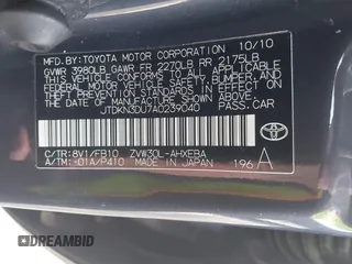 2010 Toyota Prius II with VIN JTDKN3DU7A0239040, listed as a IAAI auction lot 42145109 with 224,740 mi miles. Bid and sale history available at carsss.com. Image 9.