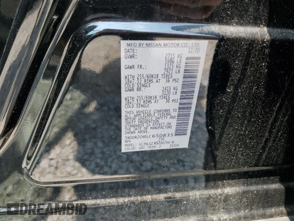 2020 Nissan Pathfinder SL with VIN 5N1DR2CM0LC650835, listed as a Copart auction lot 60053525 with 34,787 mi miles and Salvage title. Bid and sale history available at DreamBid. Image 13.
