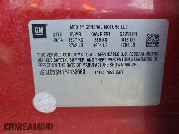 2015 Chevrolet Sonic LT with VIN 1G1JC5SH1F4132660, listed as a Copart auction lot 50206765 with 147,428 mi miles and Salvage Title. Bid and sale history available at DreamBid. Image 14.