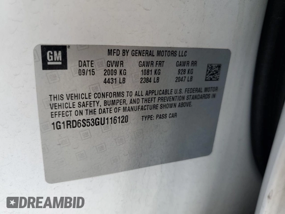 2016 Chevrolet Volt Premier with VIN 1G1RD6S53GU116120, listed as a Copart auction lot 46906035 with 0 mi miles and Salvage Title. Bid and sale history available at carsss.com. Image 14.