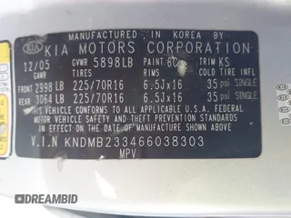 2006 Kia Sedona LX with VIN KNDMB233466038303, listed as a IAAI auction lot 42237102 with 279,805 mi miles and . Bid and sale history available at DreamBid. Image 9.
