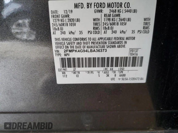 2020 Ford Edge SE z VIN 2FMPK4G94LBA36373, wystawiony jako Copart lot #60404825 z przebiegiem 73 149 mil mil oraz Szkoda całkowita • Salvage title. Historia ofert i sprzedaży dostępna na DreamBid. Obrazek 14.