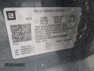 2019 GMC Yukon XL SLT with VIN 1GKS2GKC0KR345860, listed as a IAAI auction lot 40727072 with 127,568 mi miles and . Bid and sale history available at carsss.com. Image 9.
