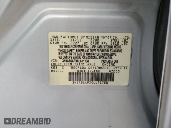 2012 Nissan Sentra S with VIN 3N1AB6APXCL671750, listed as a Copart auction lot 47440445 with 123,148 mi miles and Salvage Title. Bid and sale history available at DreamBid. Image 12.