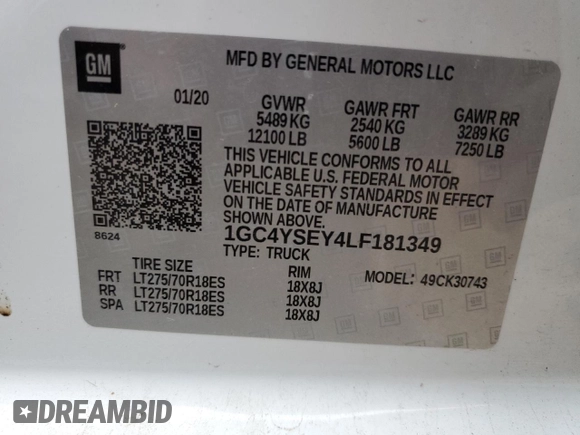 2020 Chevrolet Silverado 3500HD Work Truck with VIN 1GC4YSEY4LF181349, listed as a Copart auction lot 80557094 with 58,469 mi miles and Salvage Title. Bid and sale history available at carsss.com. Image 12.