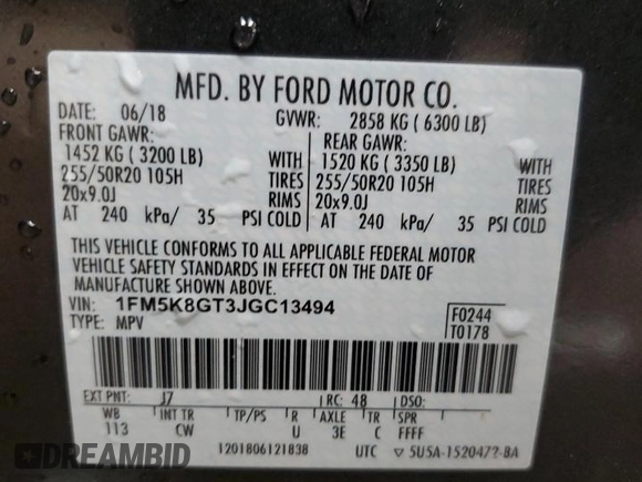 2018 Ford Explorer Sport с VIN 1FM5K8GT3JGC13494, выставлен на аукционе Copart как лот 58938205 с пробегом 166 082 миль миль и Чистый • Clean title. История ставок и продаж доступна на DreamBid. Изображение 13.