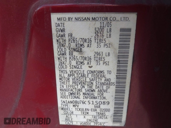 2006 Nissan Xterra SE with VIN 5N1AN08U76C515089, listed as a IAAI auction lot 41778336 with 180,134 mi miles and . Bid and sale history available at DreamBid. Image 9.