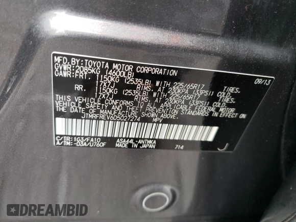 2013 Toyota RAV4 XLE with VIN JTMRFREV6D5027274, listed as a Copart auction lot 60207815 with 181,978 mi miles and Salvage title. Bid and sale history available at DreamBid. Image 13.