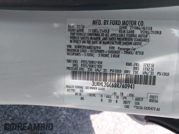 2011 Lincoln MKZ с VIN 3LNHL2GC6BR760941, выставлен на аукционе IAAI как лот 42742212 с пробегом 147 117 миль миль и . История ставок и продаж доступна на DreamBid. Изображение 9.