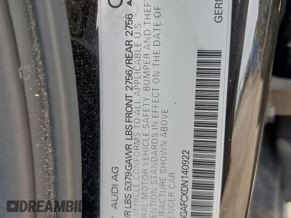 2013 Audi A6 Premium Plus with VIN WAUGGAFCXDN140922, listed as a Copart auction lot 60566865 with 179,570 mi miles and Clean title. Bid and sale history available at DreamBid. Image 12.