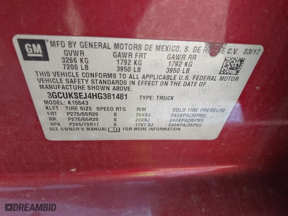 2017 Chevrolet Silverado 1500 LTZ with VIN 3GCUKSEJ4HG381481, listed as a IAAI auction lot 41833869 with 344,205 mi miles. Bid and sale history available at carsss.com. Image 9.