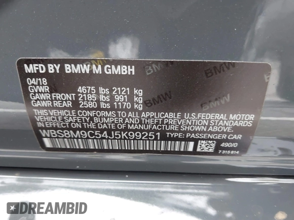 2018 BMW M3 z VIN WBS8M9C54J5K99251, wystawiony jako IAAI lot #38433789 z przebiegiem 41 081 mil mil oraz . Historia ofert i sprzedaży dostępna na DreamBid. Obrazek 9.