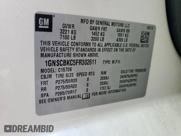 2015 Chevrolet Tahoe LT with VIN 1GNSCBKC5FR302611, listed as a Copart auction lot 62068165 with 184,136 mi miles and Salvage title. Bid and sale history available at DreamBid. Image 14.