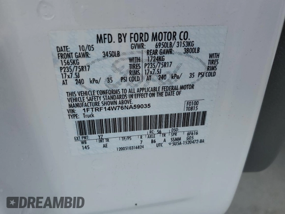 2006 Ford F-150 XL with VIN 1FTRF14W76NA59035, listed as a Copart auction lot 46174185 with 95,424 mi miles and Salvage Title. Bid and sale history available at carsss.com. Image 12.