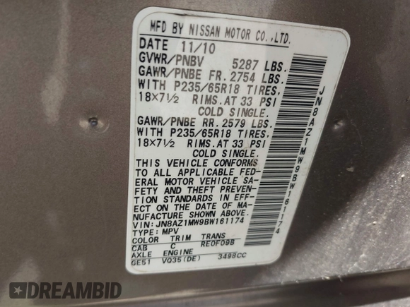 2011 Nissan Murano SL with VIN JN8AZ1MW9BW161174, listed as a IAAI auction lot 42147642 with 112,451 mi miles and . Bid and sale history available at DreamBid. Image 9.