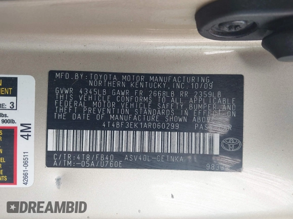 2010 Toyota Camry with VIN 4T4BF3EK1AR060299, listed as a IAAI auction lot 42129873 with 155,912 mi miles and . Bid and sale history available at DreamBid. Image 9.