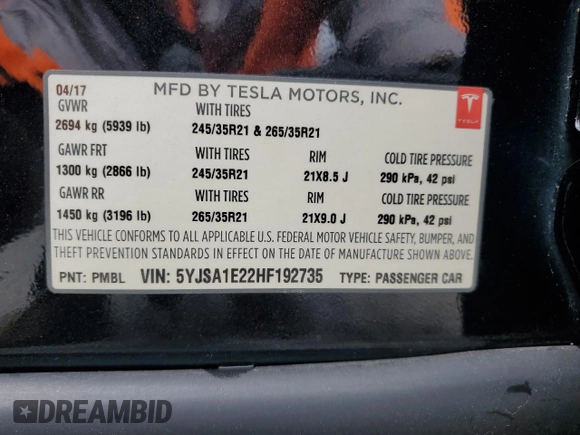 2017 Tesla Model S 100D with VIN 5YJSA1E22HF192735, listed as a Copart auction lot 54875055 with 100,537 mi miles and Salvage Title. Bid and sale history available at carsss.com. Image 12.