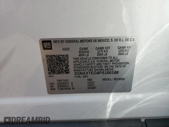 2023 Chevrolet Equinox LT with VIN 3GNAXTEG8PS166168, listed as a Copart auction lot 52939185 with 24,356 mi miles and Non repairable. Bid and sale history available at DreamBid. Image 13.