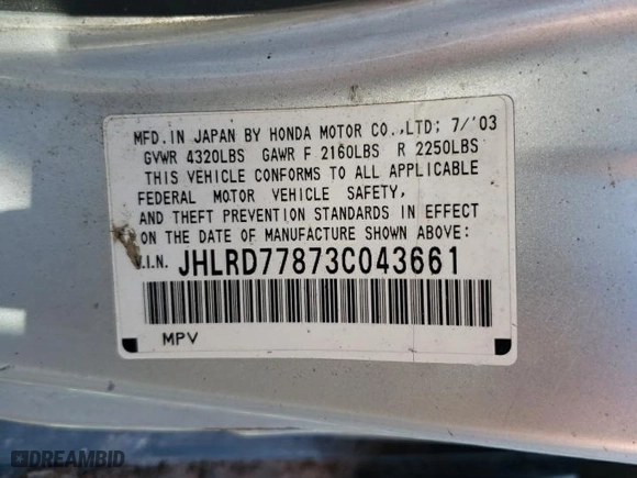 2003 Honda CR-V EX with VIN JHLRD77873C043661, listed as a Copart auction lot 46678925 with 0 mi miles and Salvage Title. Bid and sale history available at carsss.com. Image 14.