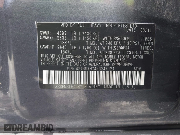 2017 Subaru Outback Limited with VIN 4S4BSANC4H3247121, listed as a IAAI auction lot 42606307 with 97,925 mi miles and . Bid and sale history available at DreamBid. Image 9.