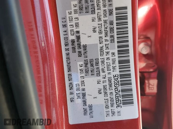 2023 Mazda 3 S Premium with VIN 3MZBPBDM2PM382405, listed as a Copart auction lot 49275665 with 51,649 mi miles and Salvage title. Bid and sale history available at DreamBid. Image 14.