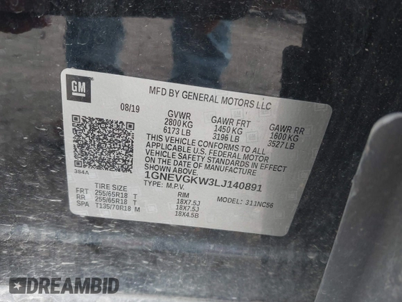 2020 Chevrolet Traverse LT Cloth with VIN 1GNEVGKW3LJ140891, listed as a IAAI auction lot 42638860 with 96,079 mi miles and . Bid and sale history available at DreamBid. Image 9.