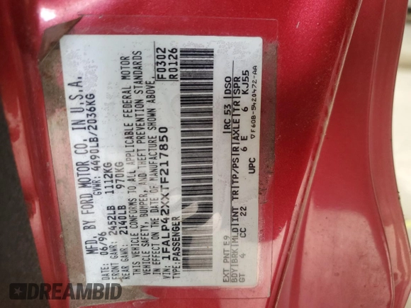 1996 Ford Mustang GT с VIN 1FALP42XXTF217850, выставлен на аукционе Copart как лот 52391385 с пробегом 171 682 миль миль и Списание • Salvage title. История ставок и продаж доступна на DreamBid. Изображение 12.