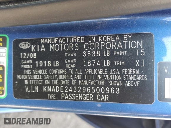 2009 Kia Rio LX with VIN KNADE243296500963, listed as a Copart auction lot 51061595 with 76,596 mi miles and Salvage Title. Bid and sale history available at carsss.com. Image 14.
