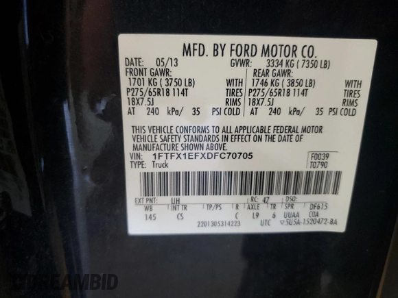 2013 Ford F-150 XL with VIN 1FTFX1EFXDFC70705, listed as a Copart auction lot 63155065 with 123,584 mi miles and Salvage title. Bid and sale history available at DreamBid. Image 12.