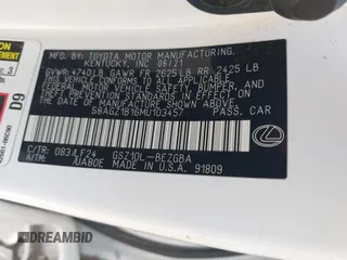 2021 Lexus ES 350 F Sport with VIN 58AGZ1B16MU103457, listed as a IAAI auction lot 42601533 with 86,759 mi miles and . Bid and sale history available at DreamBid. Image 9.