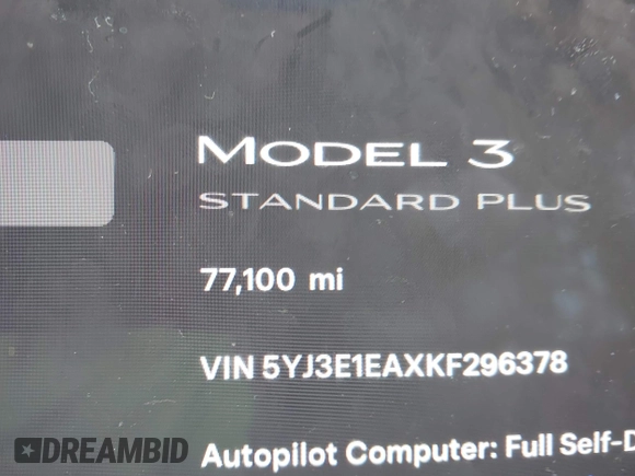 2019 Tesla Model 3 Mid Range with VIN 5YJ3E1EAXKF296378, listed as a IAAI auction lot 41739616 with 77,100 mi miles and . Bid and sale history available at DreamBid. Image 7.
