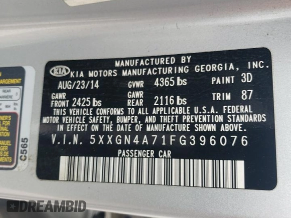 2015 Kia Optima EX z VIN 5XXGN4A71FG396076, wystawiony jako Copart lot #55306755 z przebiegiem 59 330 mil mil oraz Szkoda całkowita • Salvage title. Historia ofert i sprzedaży dostępna na DreamBid. Obrazek 12.