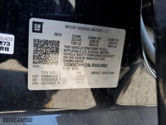 2020 Chevrolet Suburban LT with VIN 1GNSCHKC9LR161962, listed as a Copart auction lot 44251845 with NaN miles and Salvage Title. Bid and sale history available at carsss.com. Image 13.
