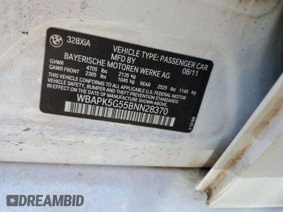 2011 BMW 3 Series 328i xDrive with VIN WBAPK5G55BNN28370, listed as a Copart auction lot 53130265 with Not Provided miles and Salvage Title. Bid and sale history available at carsss.com. Image 12.