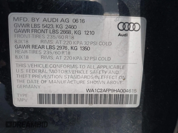 2017 Audi Q5 Premium with VIN WA1C2AFP9HA004615, listed as a IAAI auction lot 41879004 with 107,722 mi miles. Bid and sale history available at carsss.com. Image 9.